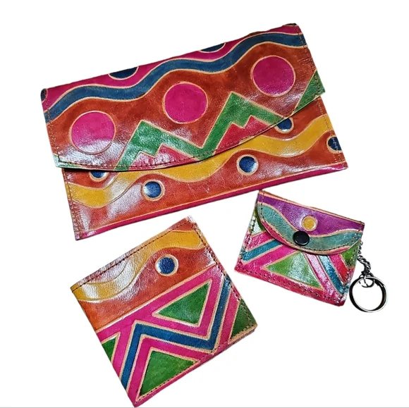 Vintage Leather Made in India Three Piece Clutch Wallet and Coin Purse Key Chain - Picture 3 of 14